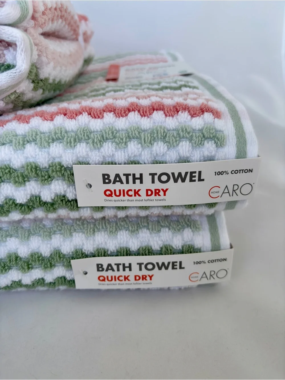 NWT 4Pc Caro Retro Boho Bath & Hand Towel Set Sage Green Blush Pink Quick Dry